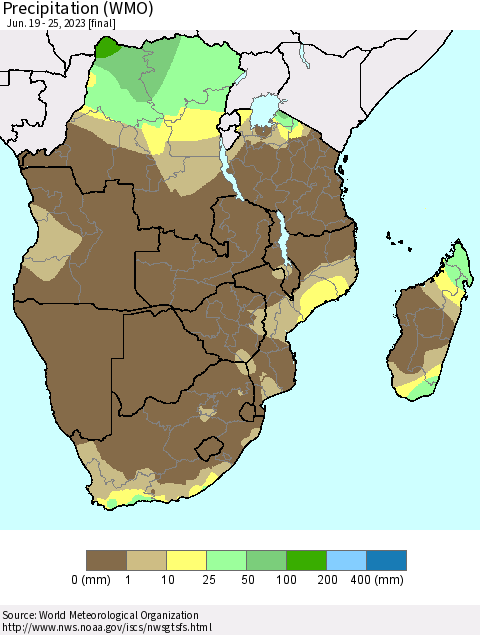 Southern Africa Precipitation (WMO) Thematic Map For 6/19/2023 - 6/25/2023