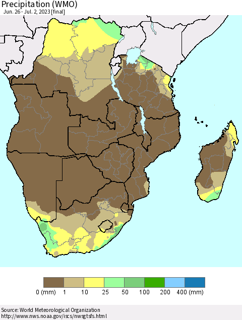 Southern Africa Precipitation (WMO) Thematic Map For 6/26/2023 - 7/2/2023