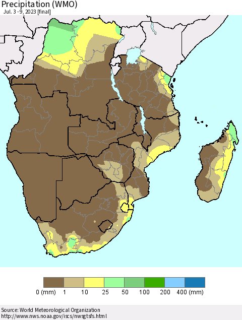 Southern Africa Precipitation (WMO) Thematic Map For 7/3/2023 - 7/9/2023