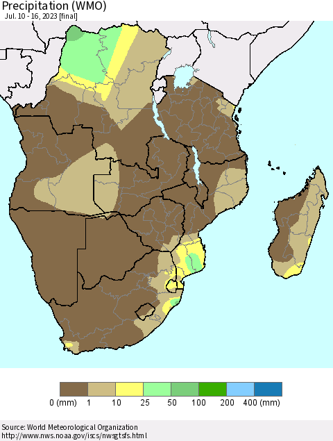 Southern Africa Precipitation (WMO) Thematic Map For 7/10/2023 - 7/16/2023