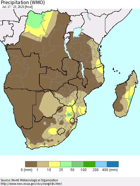 Southern Africa Precipitation (WMO) Thematic Map For 7/17/2023 - 7/23/2023