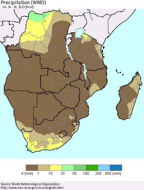 Southern Africa Precipitation (WMO) Thematic Map For 7/24/2023 - 7/30/2023