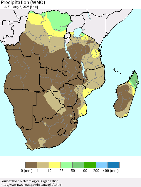 Southern Africa Precipitation (WMO) Thematic Map For 7/31/2023 - 8/6/2023