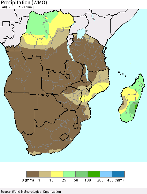 Southern Africa Precipitation (WMO) Thematic Map For 8/7/2023 - 8/13/2023