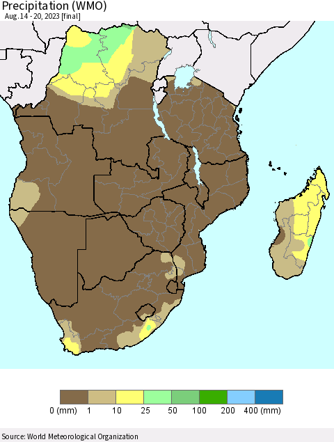 Southern Africa Precipitation (WMO) Thematic Map For 8/14/2023 - 8/20/2023