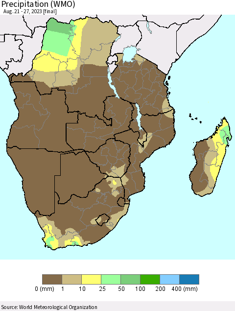 Southern Africa Precipitation (WMO) Thematic Map For 8/21/2023 - 8/27/2023