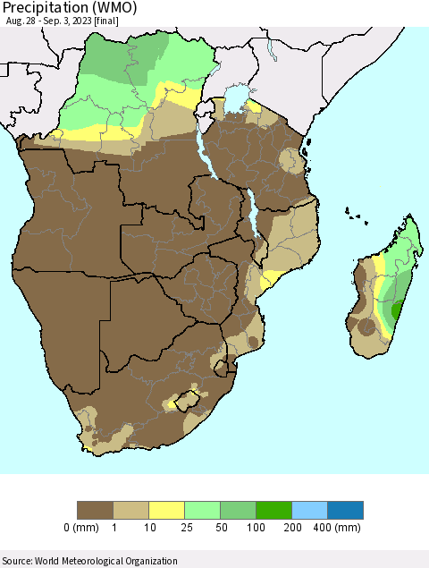 Southern Africa Precipitation (WMO) Thematic Map For 8/28/2023 - 9/3/2023