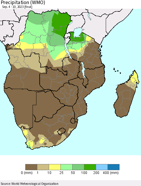 Southern Africa Precipitation (WMO) Thematic Map For 9/4/2023 - 9/10/2023