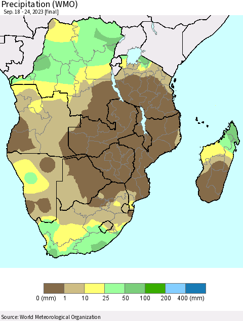 Southern Africa Precipitation (WMO) Thematic Map For 9/18/2023 - 9/24/2023
