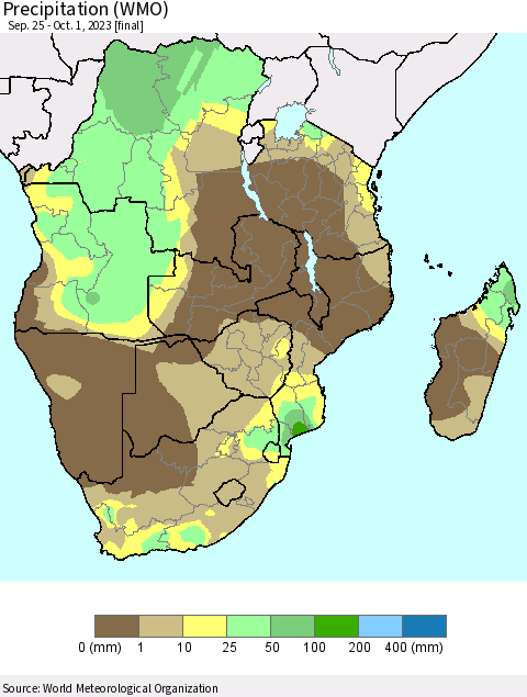 Southern Africa Precipitation (WMO) Thematic Map For 9/25/2023 - 10/1/2023