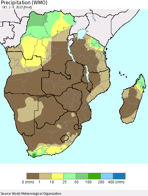 Southern Africa Precipitation (WMO) Thematic Map For 10/2/2023 - 10/8/2023