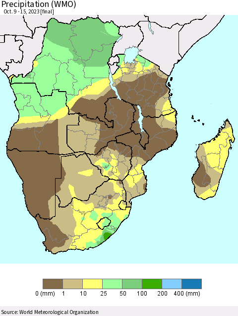 Southern Africa Precipitation (WMO) Thematic Map For 10/9/2023 - 10/15/2023