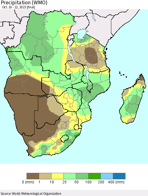 Southern Africa Precipitation (WMO) Thematic Map For 10/16/2023 - 10/22/2023