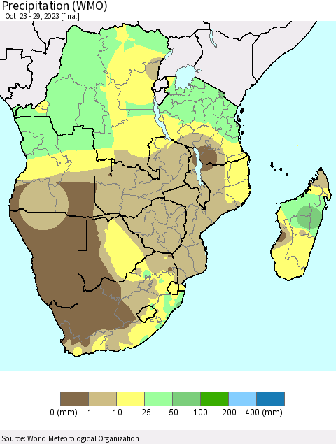 Southern Africa Precipitation (WMO) Thematic Map For 10/23/2023 - 10/29/2023