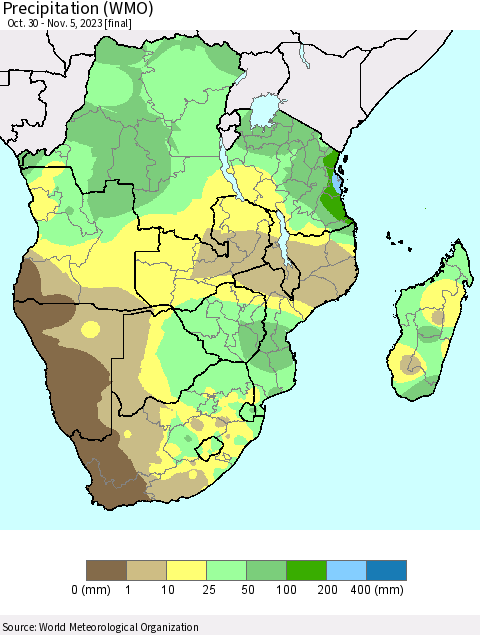 Southern Africa Precipitation (WMO) Thematic Map For 10/30/2023 - 11/5/2023