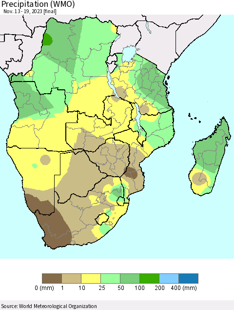 Southern Africa Precipitation (WMO) Thematic Map For 11/13/2023 - 11/19/2023