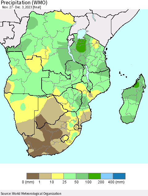 Southern Africa Precipitation (WMO) Thematic Map For 11/27/2023 - 12/3/2023