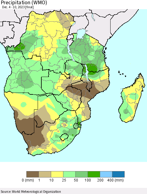 Southern Africa Precipitation (WMO) Thematic Map For 12/4/2023 - 12/10/2023