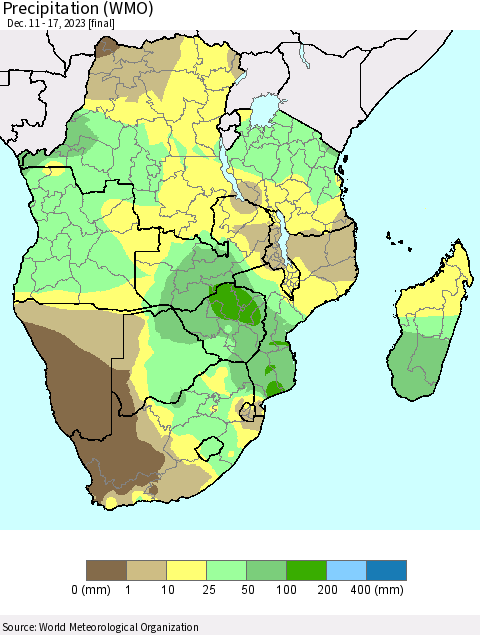 Southern Africa Precipitation (WMO) Thematic Map For 12/11/2023 - 12/17/2023