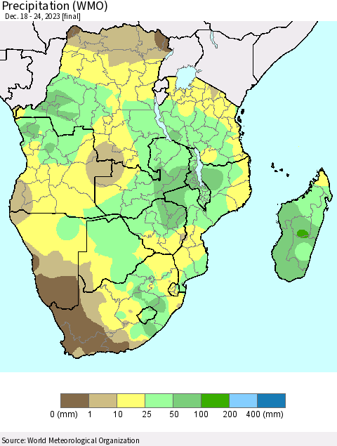 Southern Africa Precipitation (WMO) Thematic Map For 12/18/2023 - 12/24/2023