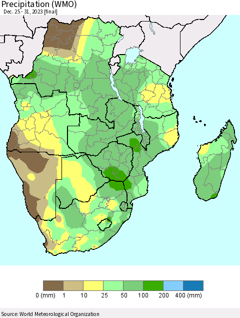 Southern Africa Precipitation (WMO) Thematic Map For 12/25/2023 - 12/31/2023