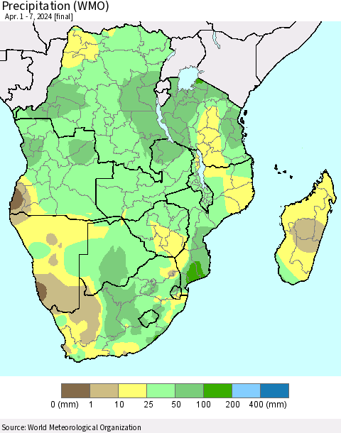 Southern Africa Precipitation (WMO) Thematic Map For 4/1/2024 - 4/7/2024