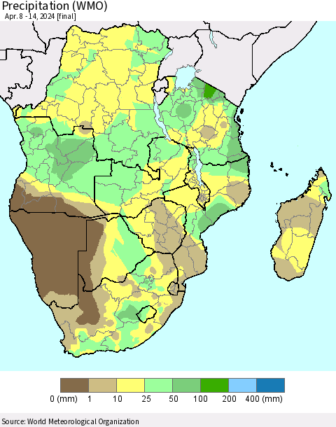 Southern Africa Precipitation (WMO) Thematic Map For 4/8/2024 - 4/14/2024