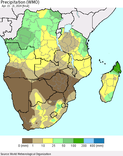 Southern Africa Precipitation (WMO) Thematic Map For 4/15/2024 - 4/21/2024