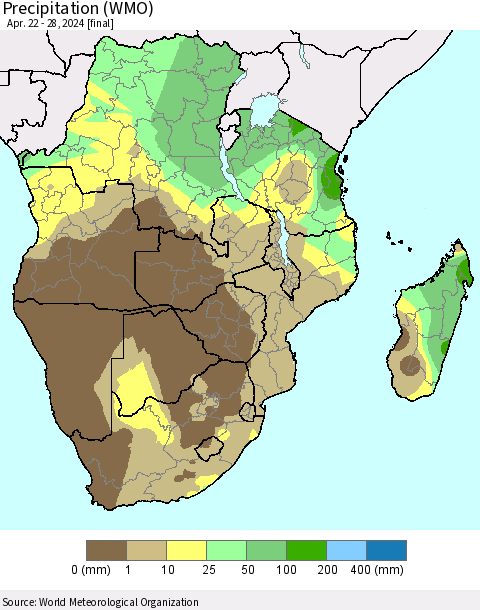 Southern Africa Precipitation (WMO) Thematic Map For 4/22/2024 - 4/28/2024