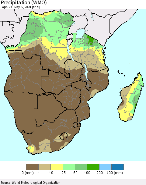 Southern Africa Precipitation (WMO) Thematic Map For 4/29/2024 - 5/5/2024
