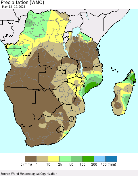 Southern Africa Precipitation (WMO) Thematic Map For 5/13/2024 - 5/19/2024
