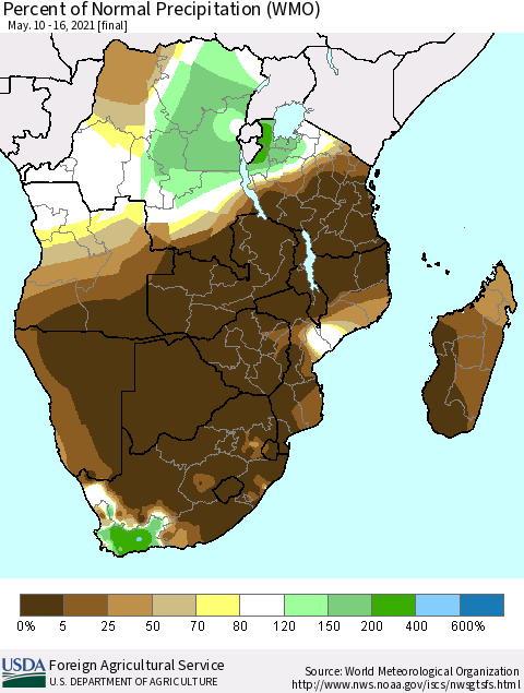 Southern Africa Percent of Normal Precipitation (WMO) Thematic Map For 5/10/2021 - 5/16/2021