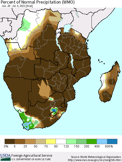 Southern Africa Percent of Normal Precipitation (WMO) Thematic Map For 6/28/2021 - 7/4/2021