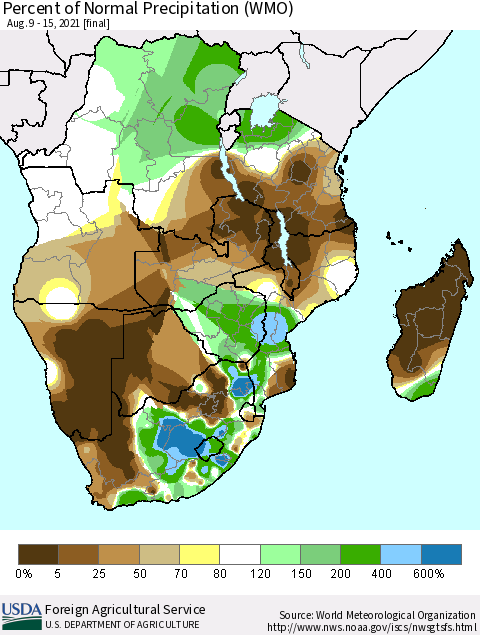 Southern Africa Percent of Normal Precipitation (WMO) Thematic Map For 8/9/2021 - 8/15/2021