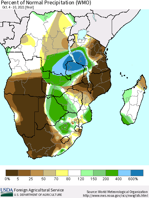 Southern Africa Percent of Normal Precipitation (WMO) Thematic Map For 10/4/2021 - 10/10/2021