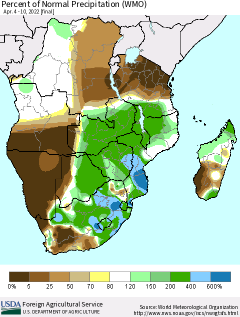 Southern Africa Percent of Normal Precipitation (WMO) Thematic Map For 4/4/2022 - 4/10/2022