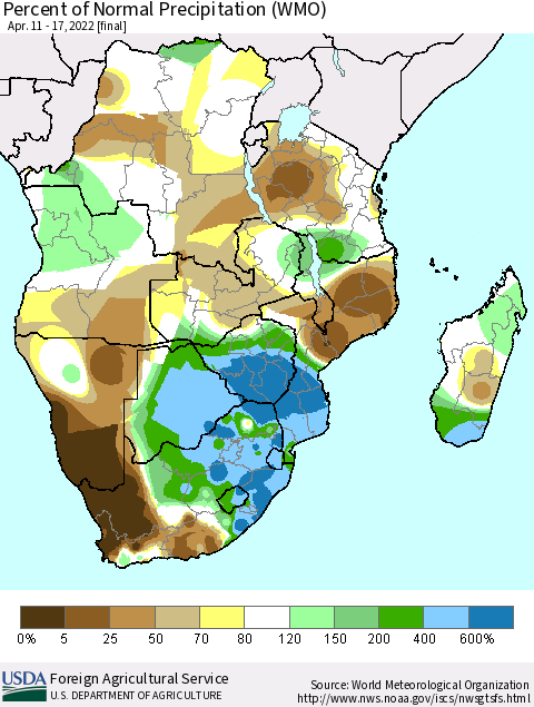 Southern Africa Percent of Normal Precipitation (WMO) Thematic Map For 4/11/2022 - 4/17/2022