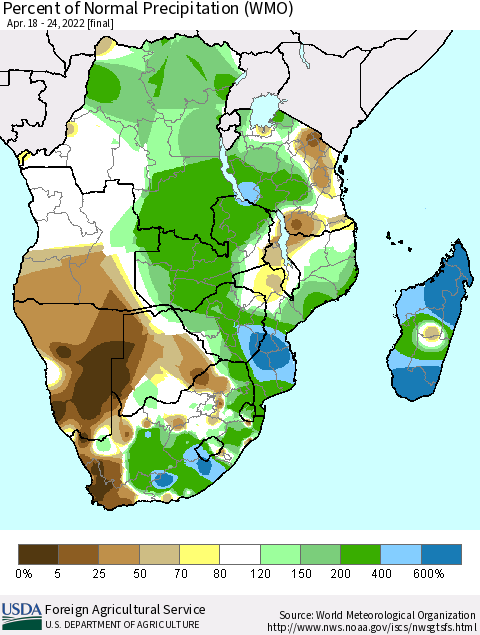 Southern Africa Percent of Normal Precipitation (WMO) Thematic Map For 4/18/2022 - 4/24/2022