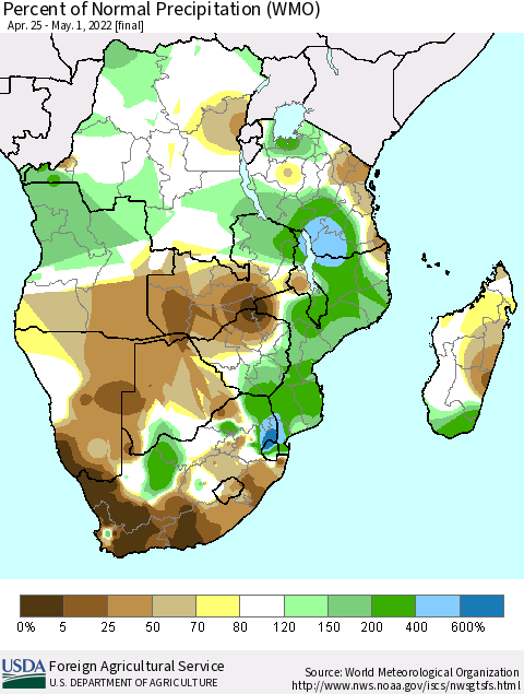 Southern Africa Percent of Normal Precipitation (WMO) Thematic Map For 4/25/2022 - 5/1/2022