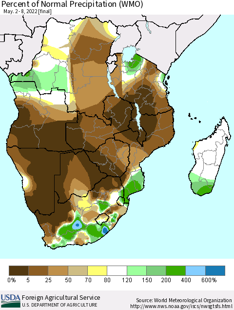 Southern Africa Percent of Normal Precipitation (WMO) Thematic Map For 5/2/2022 - 5/8/2022