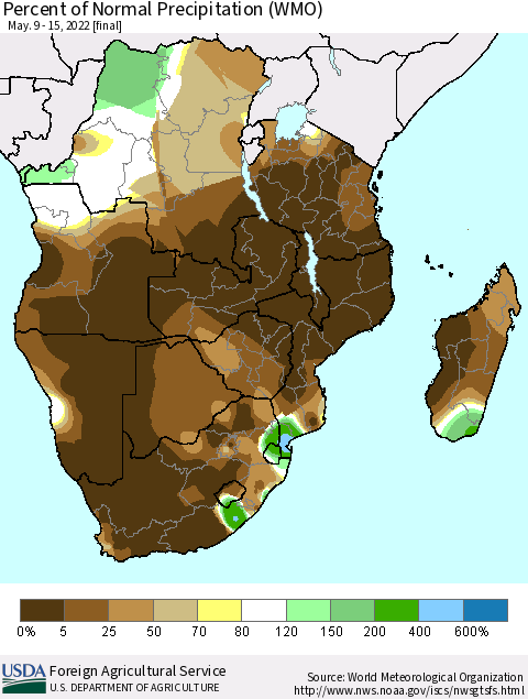 Southern Africa Percent of Normal Precipitation (WMO) Thematic Map For 5/9/2022 - 5/15/2022