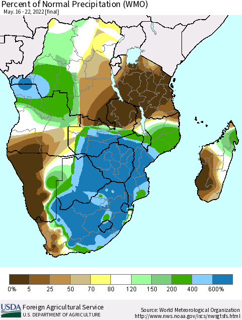 Southern Africa Percent of Normal Precipitation (WMO) Thematic Map For 5/16/2022 - 5/22/2022