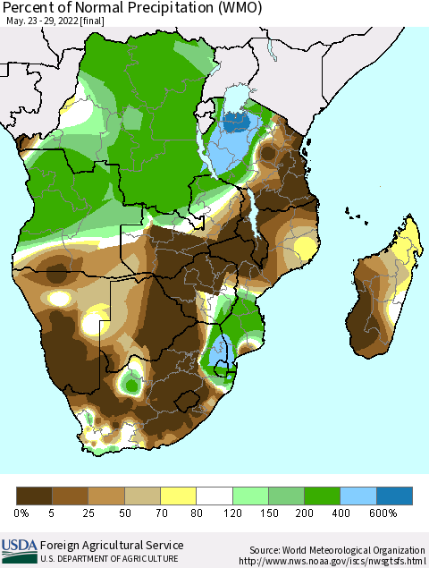 Southern Africa Percent of Normal Precipitation (WMO) Thematic Map For 5/23/2022 - 5/29/2022