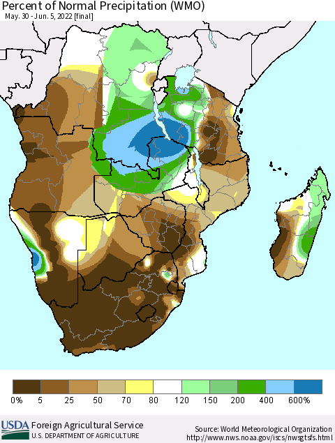 Southern Africa Percent of Normal Precipitation (WMO) Thematic Map For 5/30/2022 - 6/5/2022