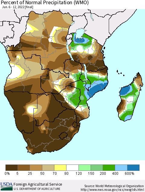 Southern Africa Percent of Normal Precipitation (WMO) Thematic Map For 6/6/2022 - 6/12/2022