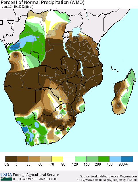 Southern Africa Percent of Normal Precipitation (WMO) Thematic Map For 6/13/2022 - 6/19/2022