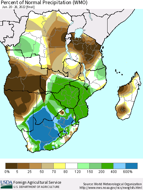 Southern Africa Percent of Normal Precipitation (WMO) Thematic Map For 6/20/2022 - 6/26/2022