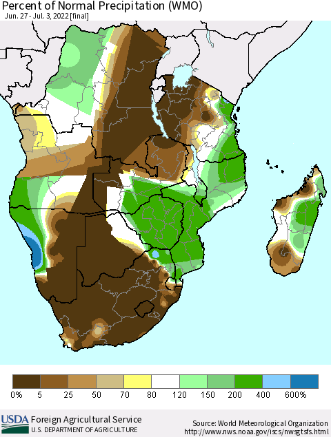Southern Africa Percent of Normal Precipitation (WMO) Thematic Map For 6/27/2022 - 7/3/2022