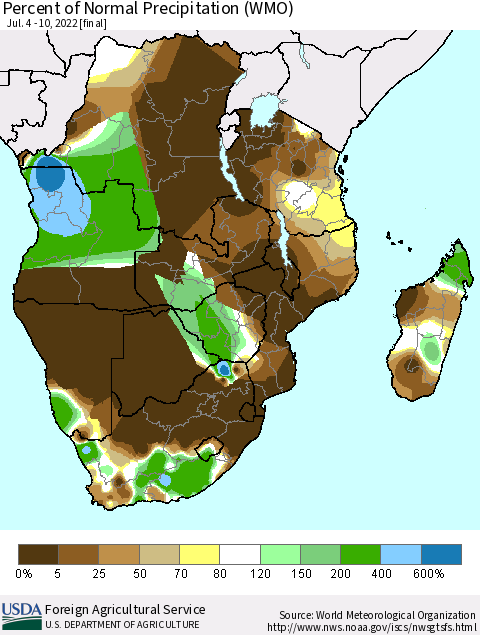 Southern Africa Percent of Normal Precipitation (WMO) Thematic Map For 7/4/2022 - 7/10/2022
