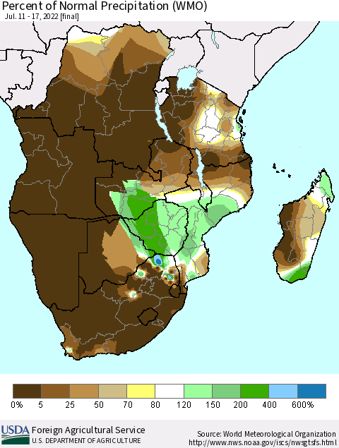 Southern Africa Percent of Normal Precipitation (WMO) Thematic Map For 7/11/2022 - 7/17/2022